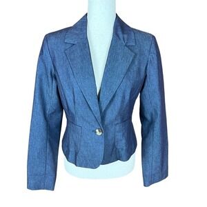 ISAAC MIZRAHI INDIGO DENIM BLAZER‎ JACKET PINK SILKY LINED WOMENS SIZE 6